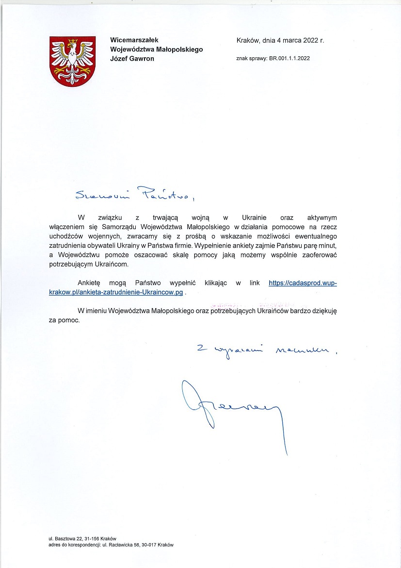 List Wicemarszałka Józefa Gawrona w sprawie pomocy obywatelom Ukrainy